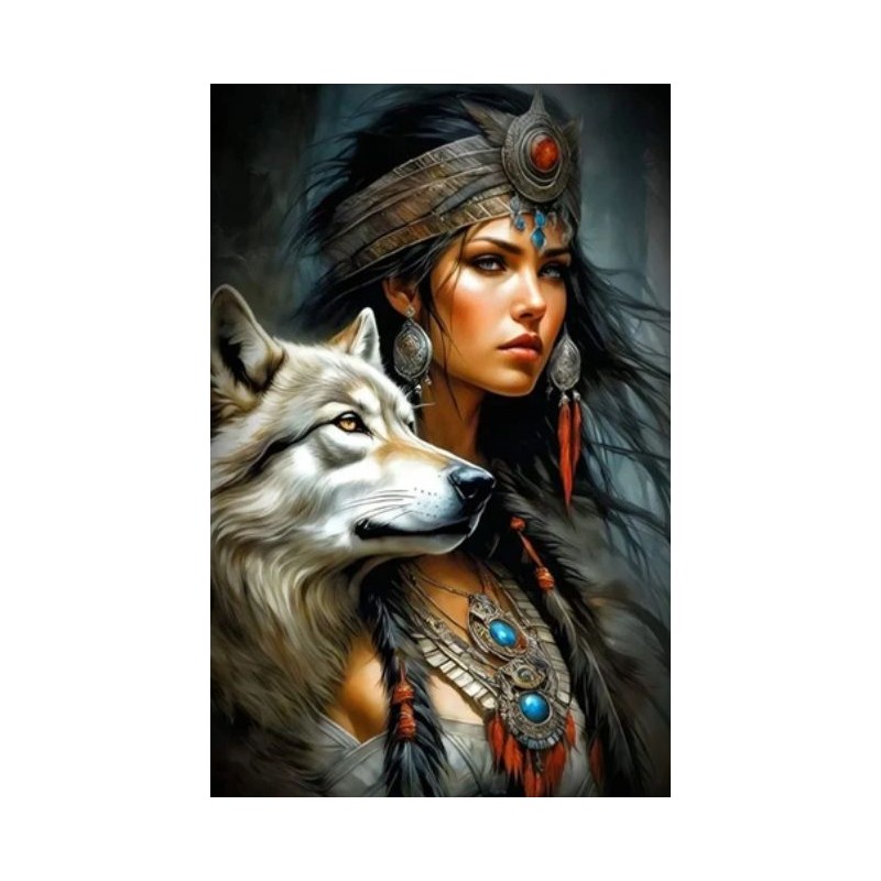 Diamond painting 30x40 cm: Indiaan en wolf