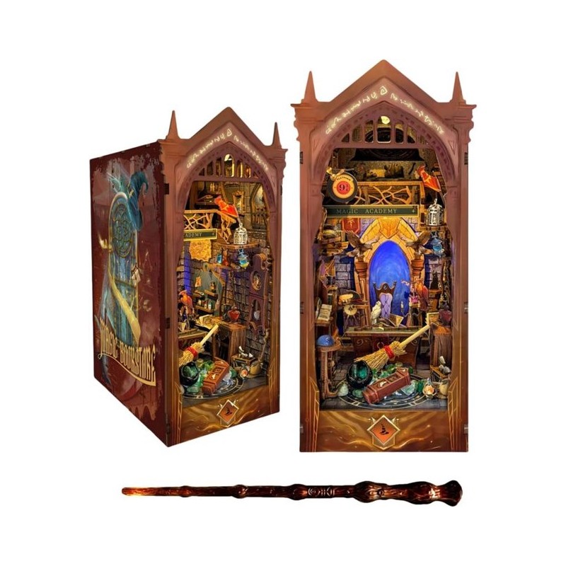 Luxe Book Nook DIY Pakket - Magic Academy Bookstore - Miniatuur Houten Boekensteun met LED Verlichting