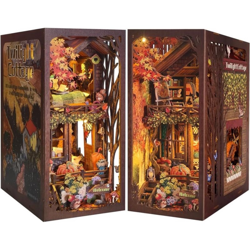 Luxe Book Nook DIY Pakket - Twilight Cottage - Miniatuur Houten Boekensteun met LED Verlichting Herfst Huisje