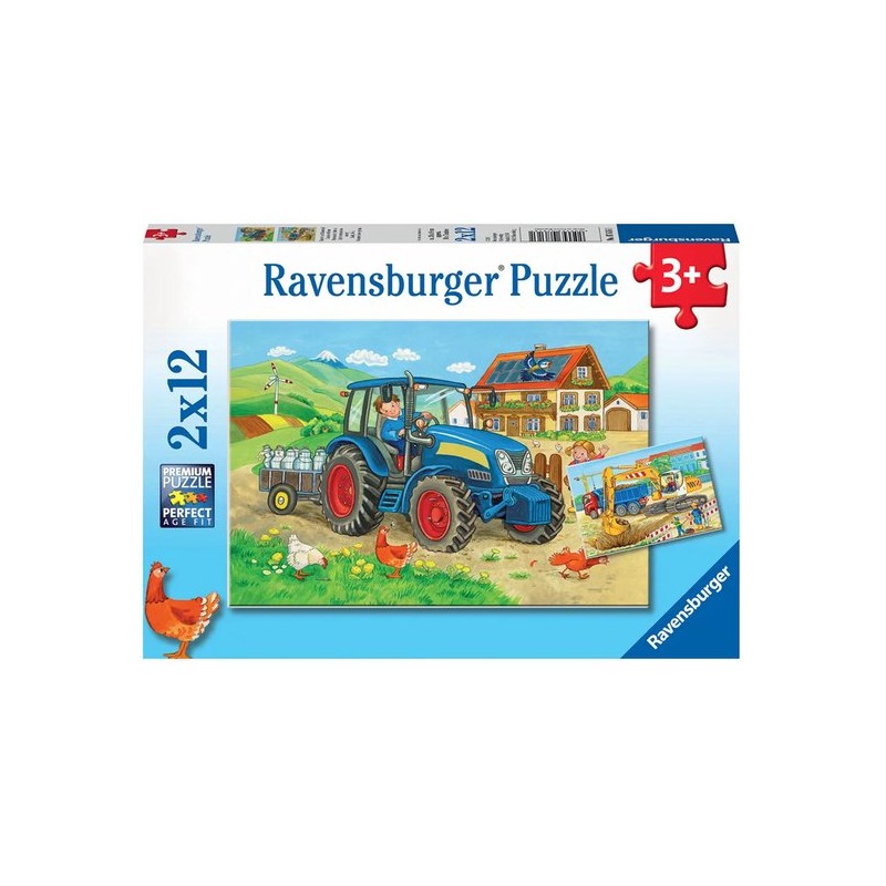 Ravensburger Op de bouwplaats en boerderij - Kinderpuzzel 2 x 12 stukjes