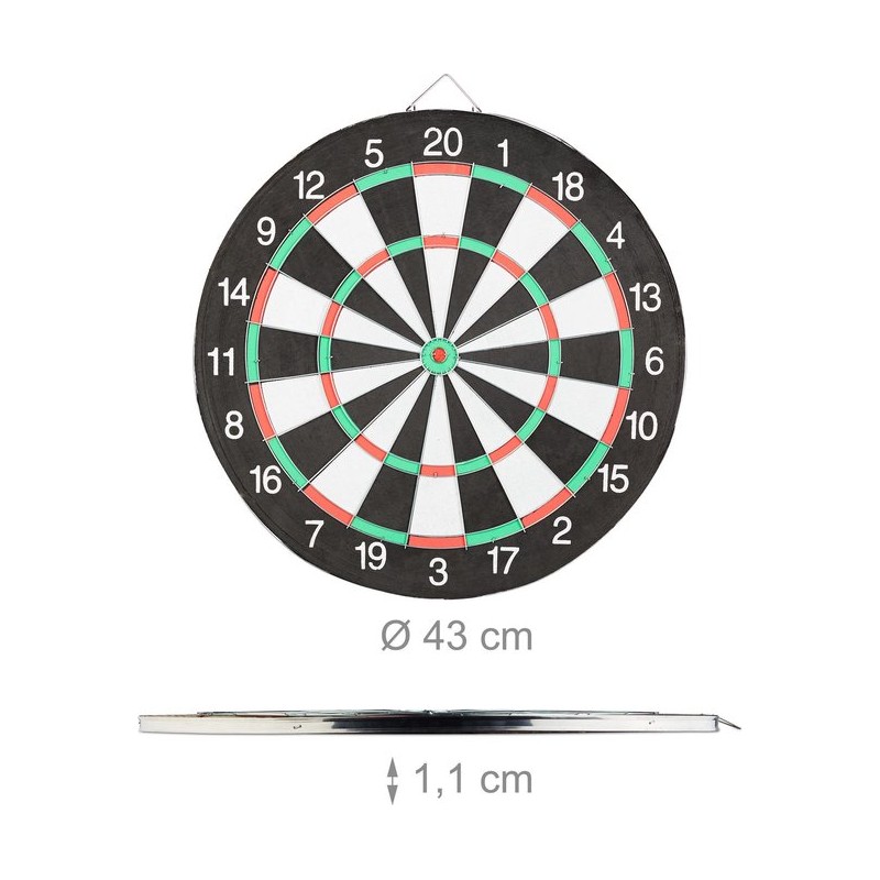 Dartbord X1 - 43 cm - tweezijdig speelbaar - klassiek - met 6 pijlen - thuis - steeldarts - zwart-wit